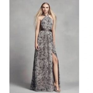 WHITE By Vera Wang Grey Print Halter Slit Skirt Prom Formal Dress Size 6